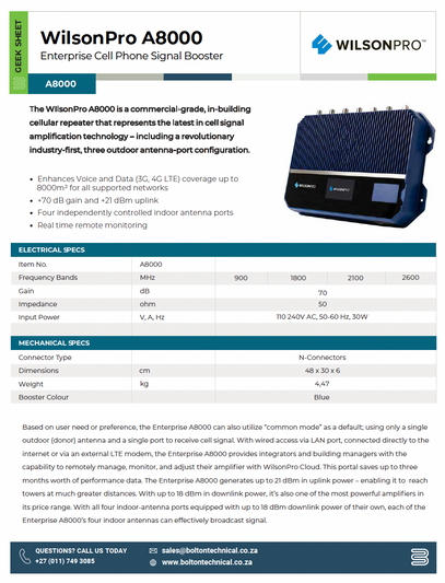 WilsonPro A8000 Enterprise Signal Booster Spec Sheet