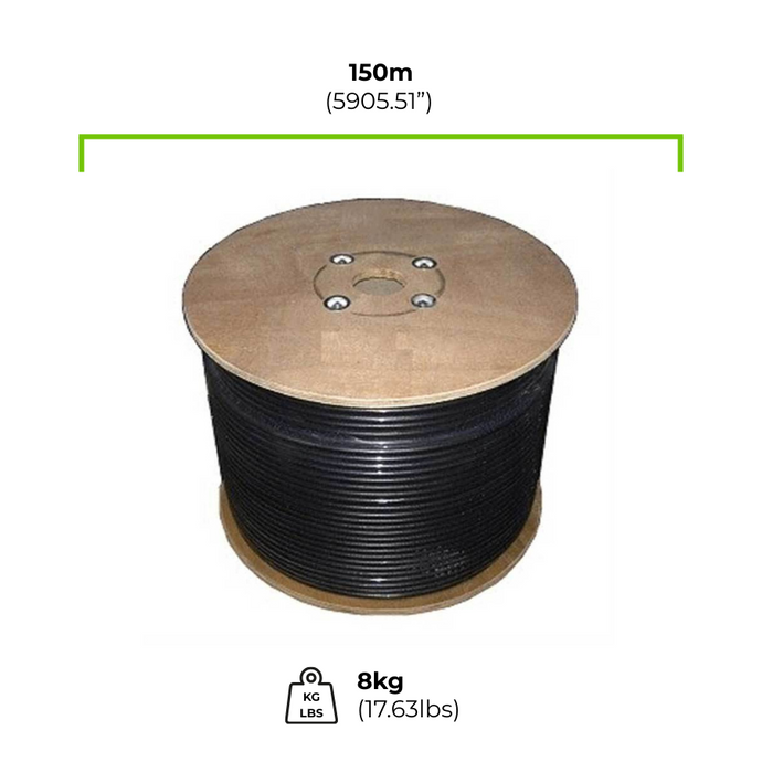 Bolton240 Spool of black cable with wooden reel with product dimensions