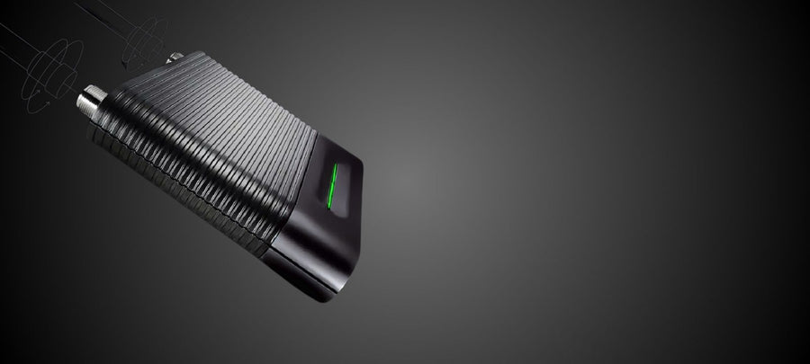 WilsonPro A1000 signal booster banner with side view of the black amplifier and its cable connection points