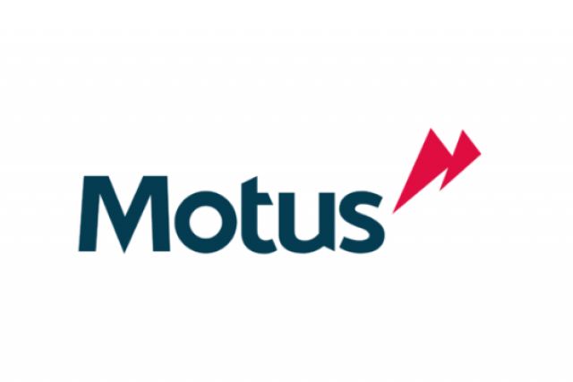 Motus logo with a blue 'M' and red arrow on a white background
